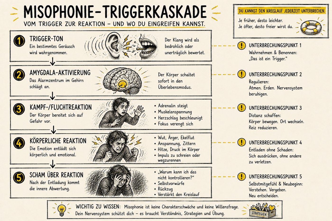 Fünf Stufen von oben nach unten: Trigger-Ton, Aktivierung des Alarmzentrums im Gehirn, Kampf- oder Fluchtreaktion, körperliche Reaktion mit Wut und Anspannung, Scham über die eigene Reaktion.
