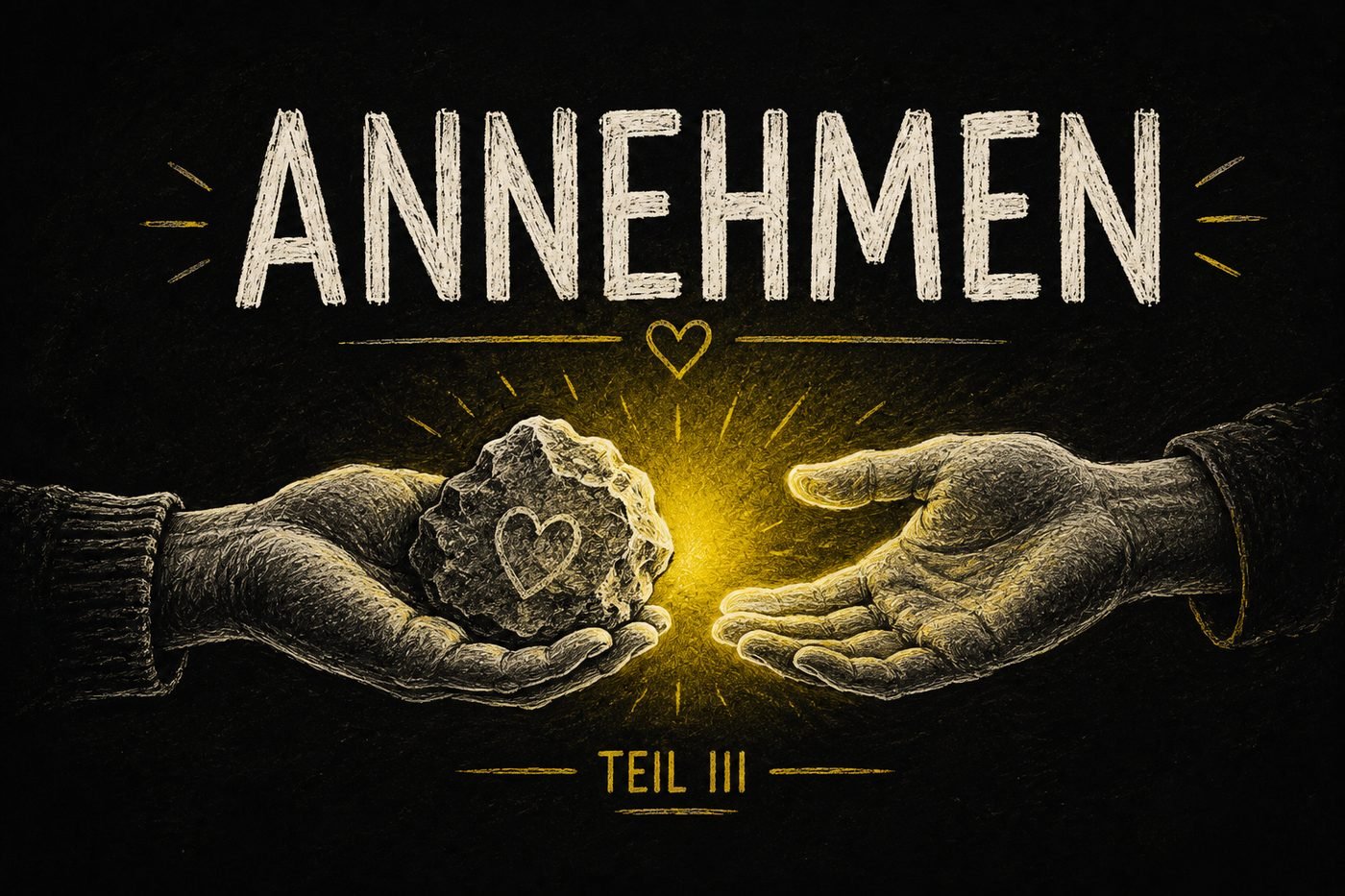 Auf dunklem Grund reicht eine Hand einer anderen einen rauen Stein mit einem eingeritzten Herz, zwischen beiden Händen ein gelbes Leuchten.