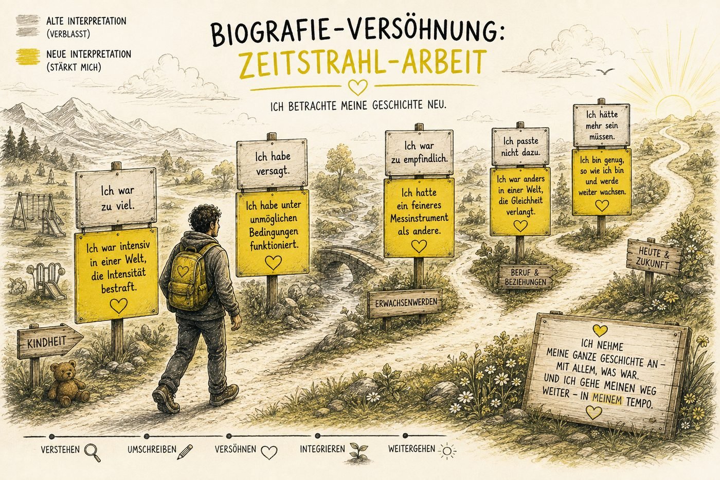 Ein Mann mit gelbem Rucksack geht einen Weg entlang, an dem Schilder mit zwei Deutungen derselben Lebensstationen stehen. Die alte, verblasste Deutung enthält Sätze wie Ich war zu viel und Ich habe versagt, die neue, gelbe Sätze wie Ich war intensiv in einer Welt, die Intensität bestraft, und Ich habe unter unmöglichen Bedingungen funktioniert.
