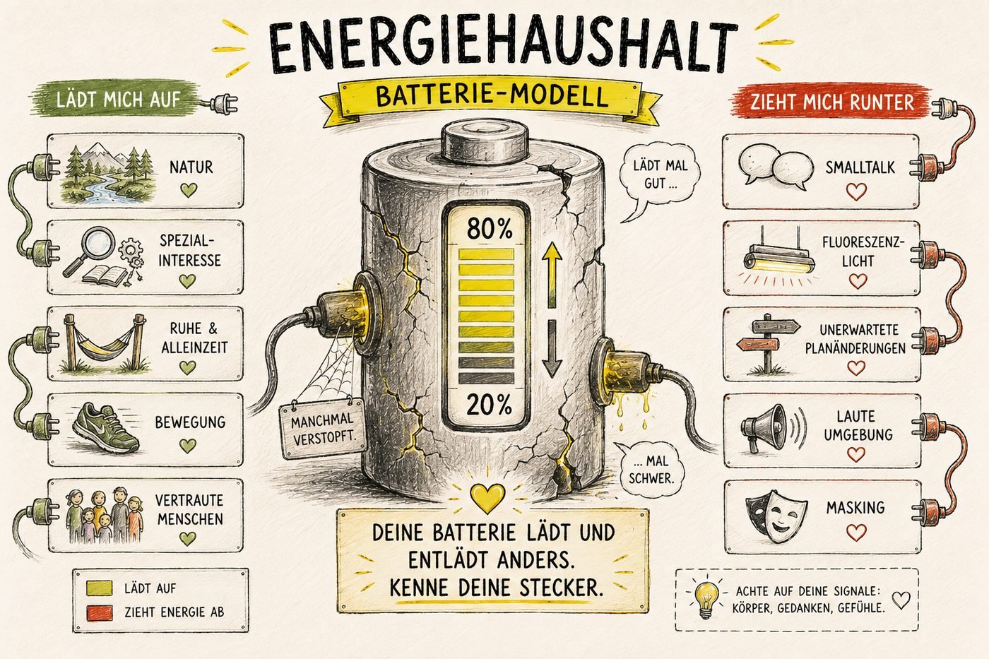 Eine rissige Batterie in der Mitte, links Stecker, die Energie bringen, etwa Natur, Spezialinteresse und Alleinzeit, rechts Stecker, die Energie abziehen, etwa Smalltalk, Neonlicht, Lärm und Masking.