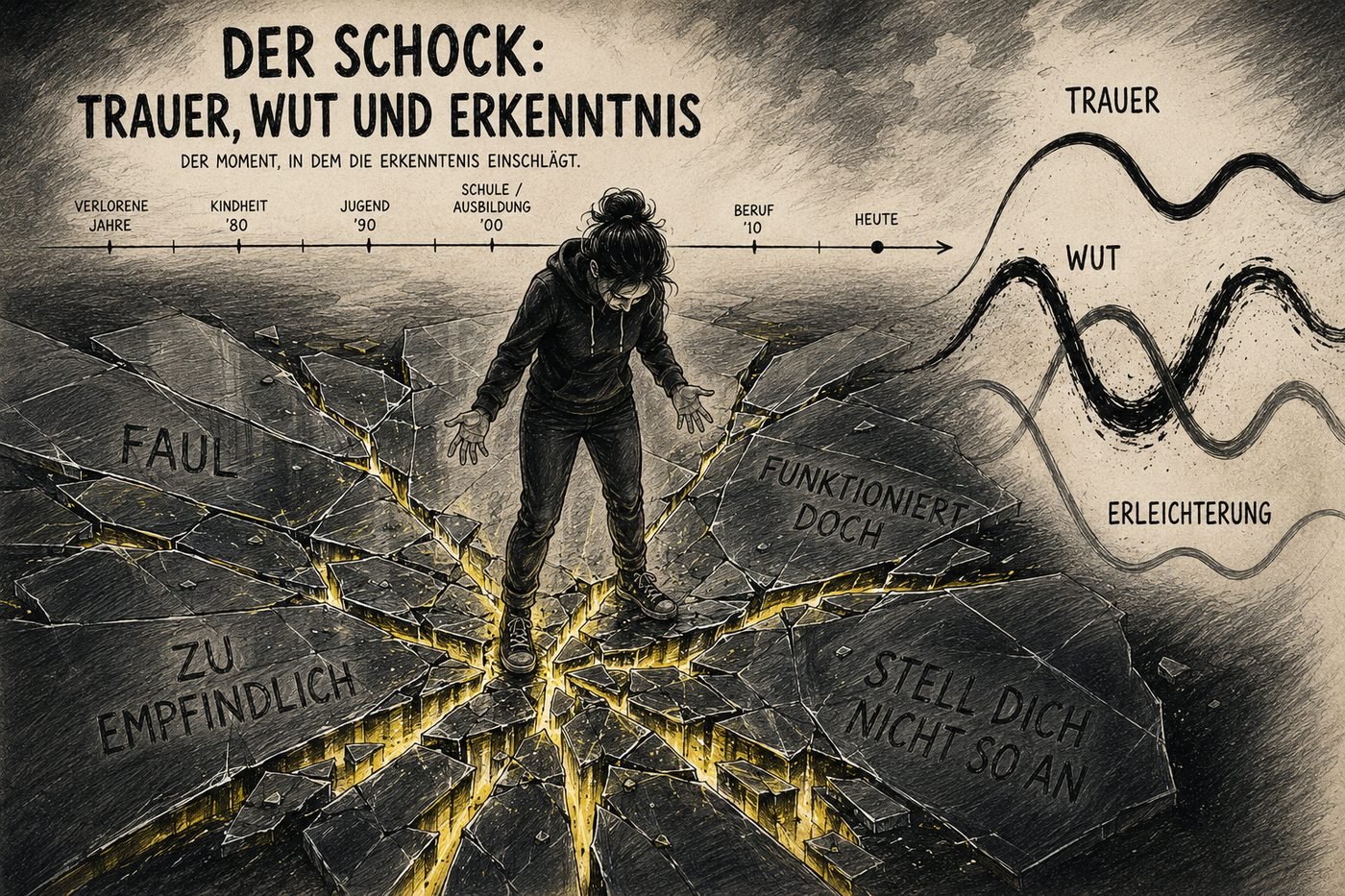 Eine Person steht auf aufbrechenden Bodenplatten, auf denen Worte wie faul, zu empfindlich und stell dich nicht so an stehen. Durch die Risse dringt gelbes Licht, rechts verlaufen Wellen mit den Worten Trauer, Wut und Erleichterung.