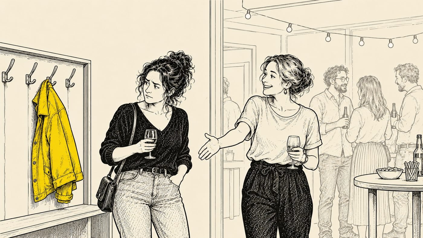 Beim Sommerfest im Büro schaut eine Person mit Getränk stirnrunzelnd auf eine gelbe Jacke an der Garderobe. Direkt neben ihr steht die Besitzerin der Jacke im schlichten Shirt und streckt ihr lächelnd die Hand entgegen, unbemerkt.