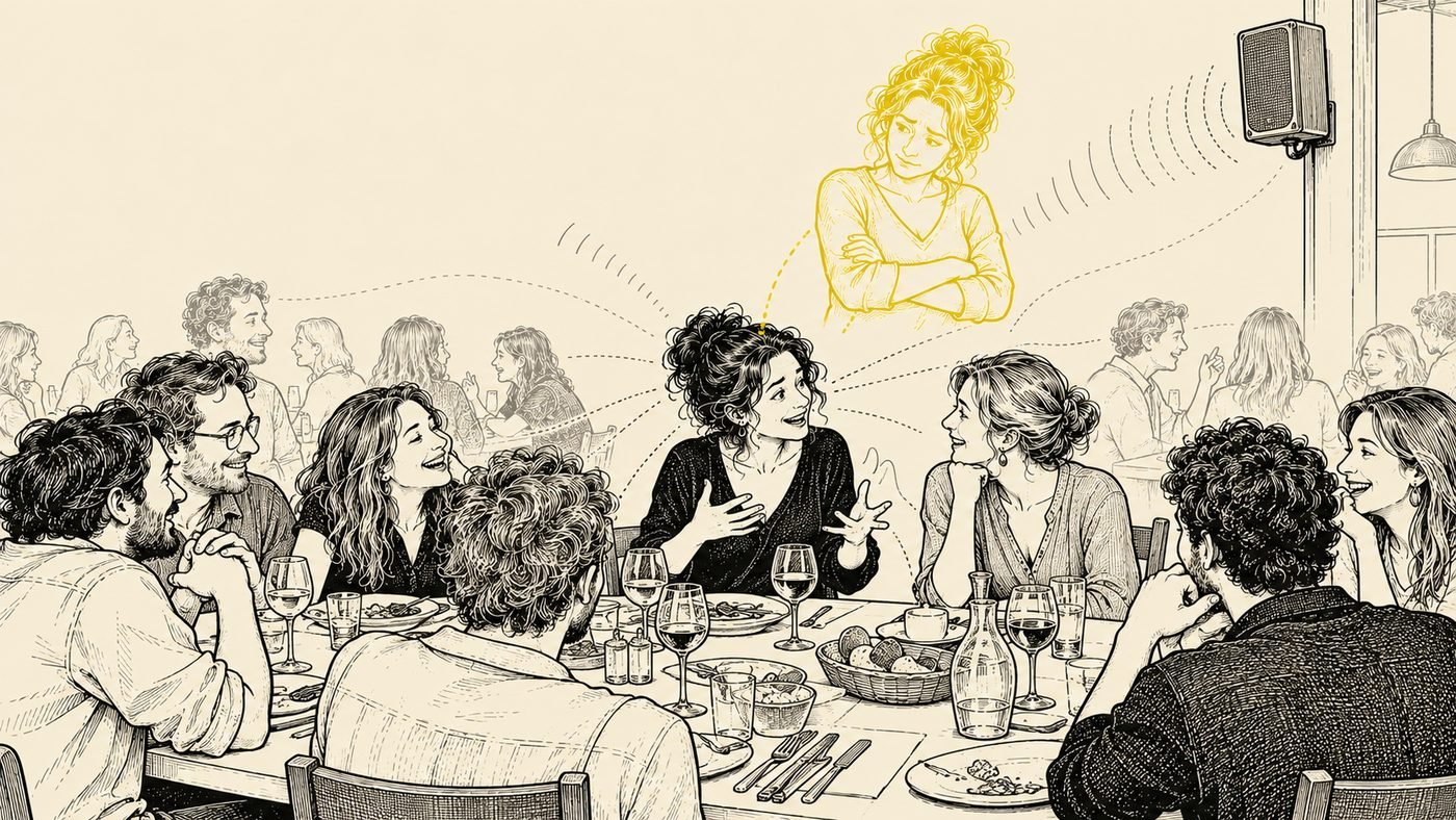Eine Person unterhält sich am langen Restauranttisch lächelnd mit ihrer Nachbarin, während von Besteck, Gläsern, Lautsprecher und Nachbartischen feine graue Linien auf sie zulaufen. Schräg über ihr schwebt eine gelbe Umrissfigur ihrer selbst und beobachtet das Gespräch mit verschränkten Armen.