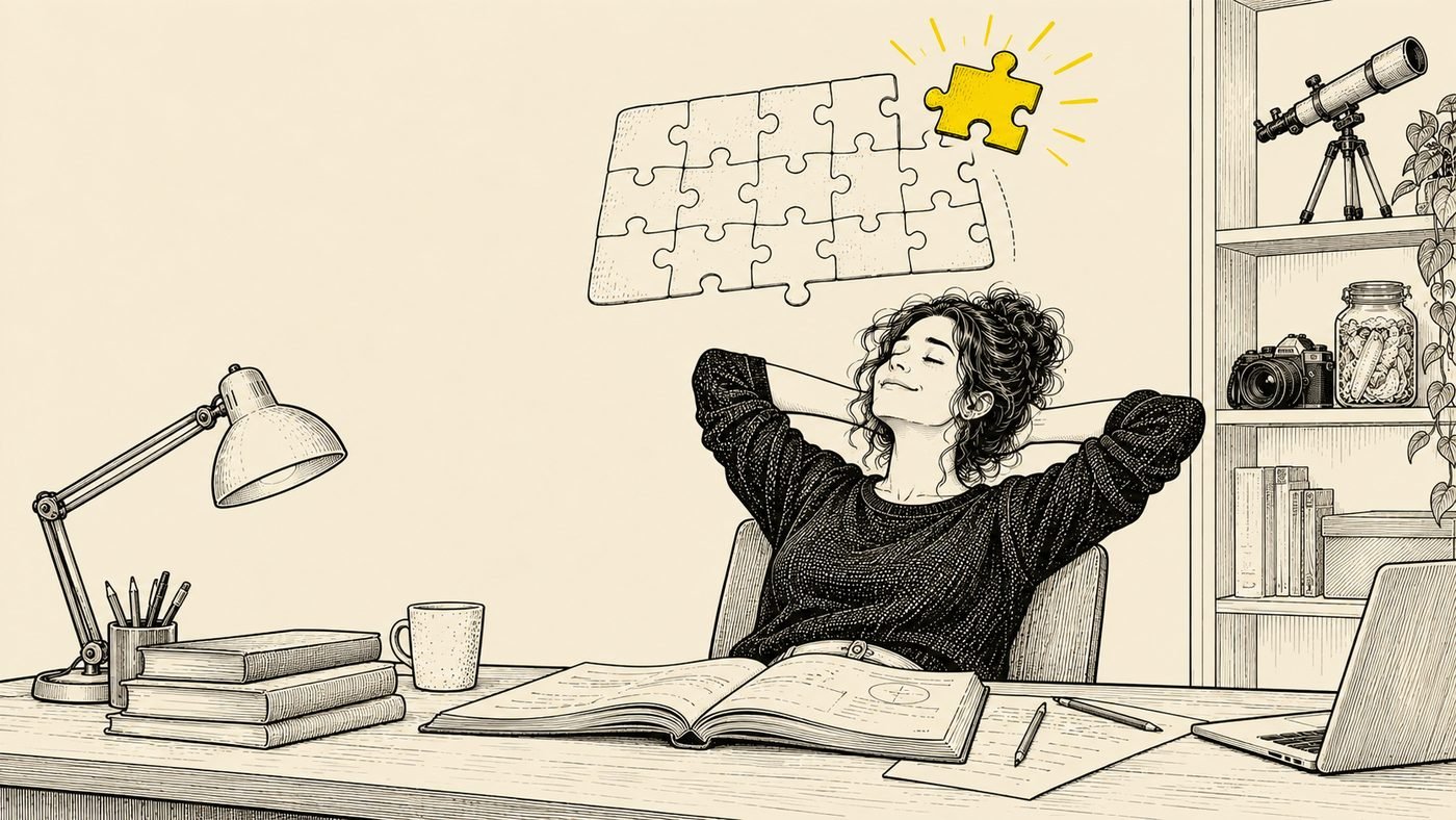 Eine Person sitzt abends am Schreibtisch über einem aufgeschlagenen Lehrbuch. Über ihrem Kopf schwebt ein großes, fast fertiges Puzzle, in das gerade das letzte, gelbe Teil einrastet. Im Regal hinter ihr stehen grau eine Kamera, ein Gärglas und ein Fernrohr.